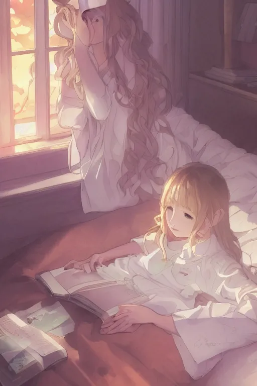 Prompt: a teenage girl in a jk uniform outfit in the bedroom reading a book in a night, raining outside the window, grey and orange theme ， wavy white long hair, by krenz cushart and mucha and akihito yoshida and greg rutkowski and makoto shinkai and wlop, detailed eyes, 4 k resolution