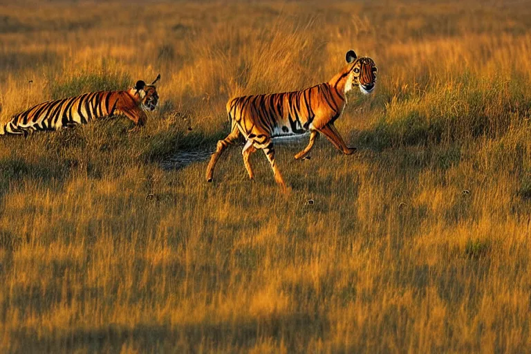 Image similar to an antelope and a tiger, the antelope is chasing the tiger golden hour, 6 0 0 mm, wildlife photo, national geographics