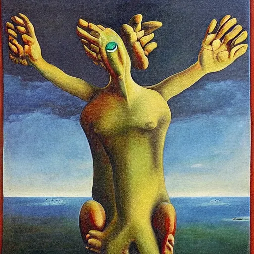 Image similar to a painting of a strange mythical beast with hands replaced by feet and the feet replaced with hands, in the style of Max Ernst