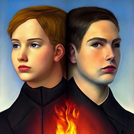 Image similar to The Hunger Games and Divergent by Raphael, Hopper, and Rene Magritte. detailed, romantic, enchanting, trending on artstation.