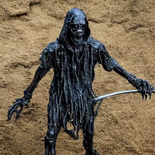 Image similar to photo taken of an epic intricate, ultra detailed, super realistic gritty, wet, slimy, lifelike sculpture of a nightmarish hellish humanoid grim reaper creature created by weta workshop, menacing, some zoomed in shots, photorealistic, sharp focus, extremely cold blueish colour temperature, f 0. 4, full body shot