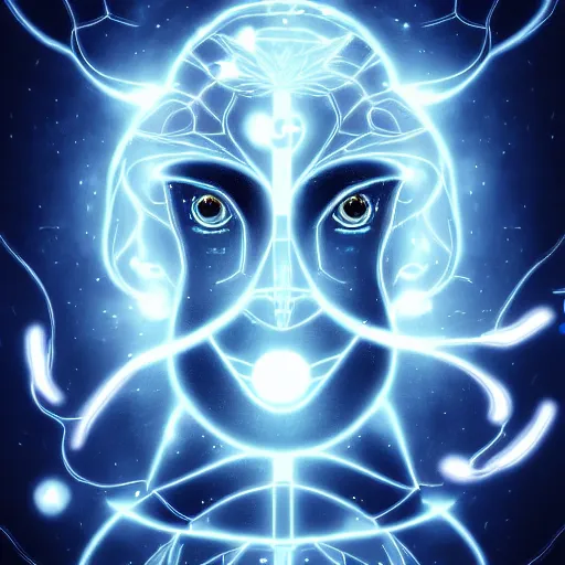 Image similar to a symmetrical portrait of a mystical creature with glowing energies and particals, metal scales, surrounded by spirits, gloomy cinematic lighting, highly detailed, anime style manga