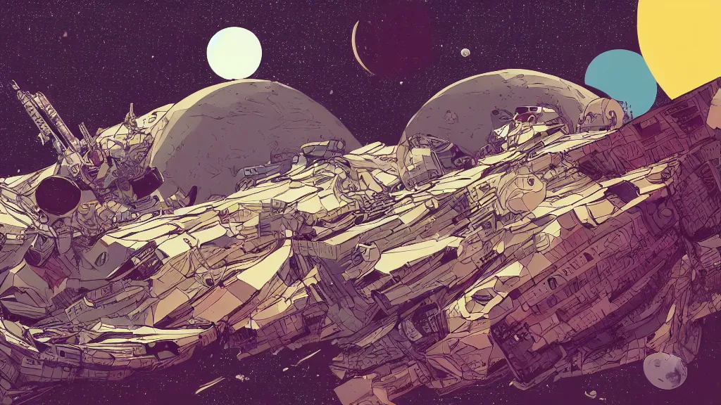 Prompt: very detailed, prophet graphic novel, ilya kuvshinov, mcbess, rutkowski, simon roy, illustration of a space junk floating around a dead planet, wide shot, colorful, deep shadows, astrophotography