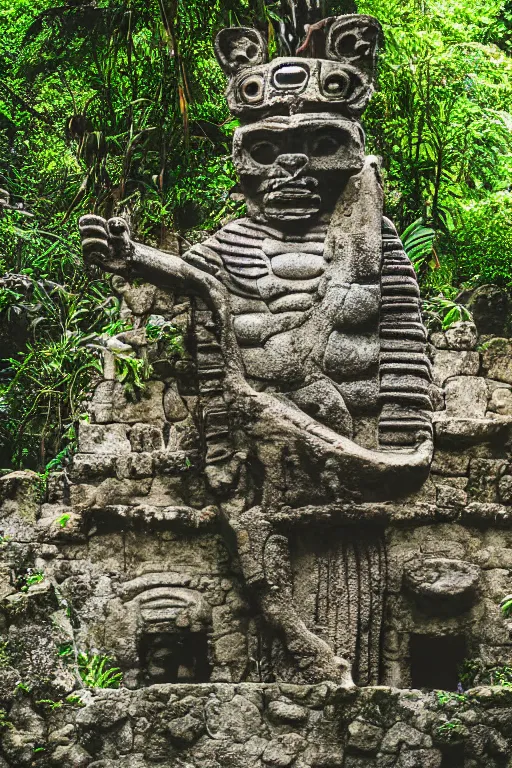 Image similar to mid distance photo of mayan jaguar warrior standing on the diving board in las pozas, 3 5 mm, highly detailed, color photo, cinematic lighting