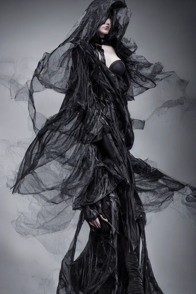 Prompt: realistic render, digital fashion, beautiful witch-woman in tactical poncho designed by alexander mcqueen and acronym, rim light, high key, ultra detailed, hyperdetailed, dark backdrop