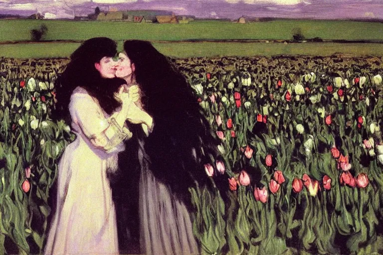 Image similar to hagrid and morticia addams kiss in a field of tulips, masterpiece, highly detailed, oil on canvas, art by walter sickert, john singer sargent, and william open