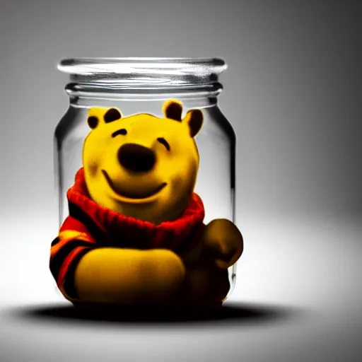 Image similar to a jar of honey made out of winnie the pooh's head, claymation, deep lighting