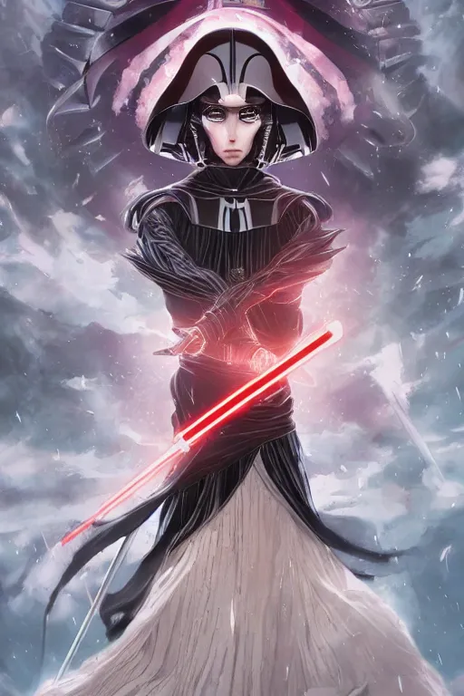 Image similar to anime key visual of a female darth vader goddess!!, intricate, stunning, highly detailed, digital painting, artstation, smooth, hard focus, starwars, sith, dark side, villain, the force, lucas films, illustration, art by artgerm and greg rutkowski and alphonse mucha