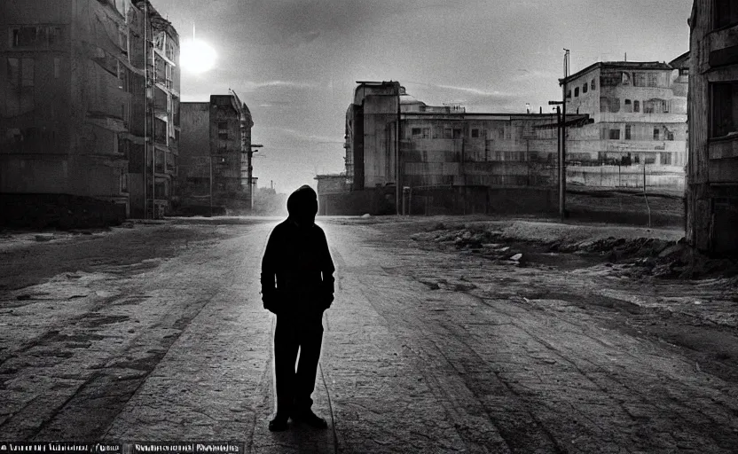 Image similar to In a futuristic space city of Neo Norilsk on the Moon, a Mysterious man is standing in the middle of a street photo by Trent Parke, the sun is blinding, a Russian city on the Moon