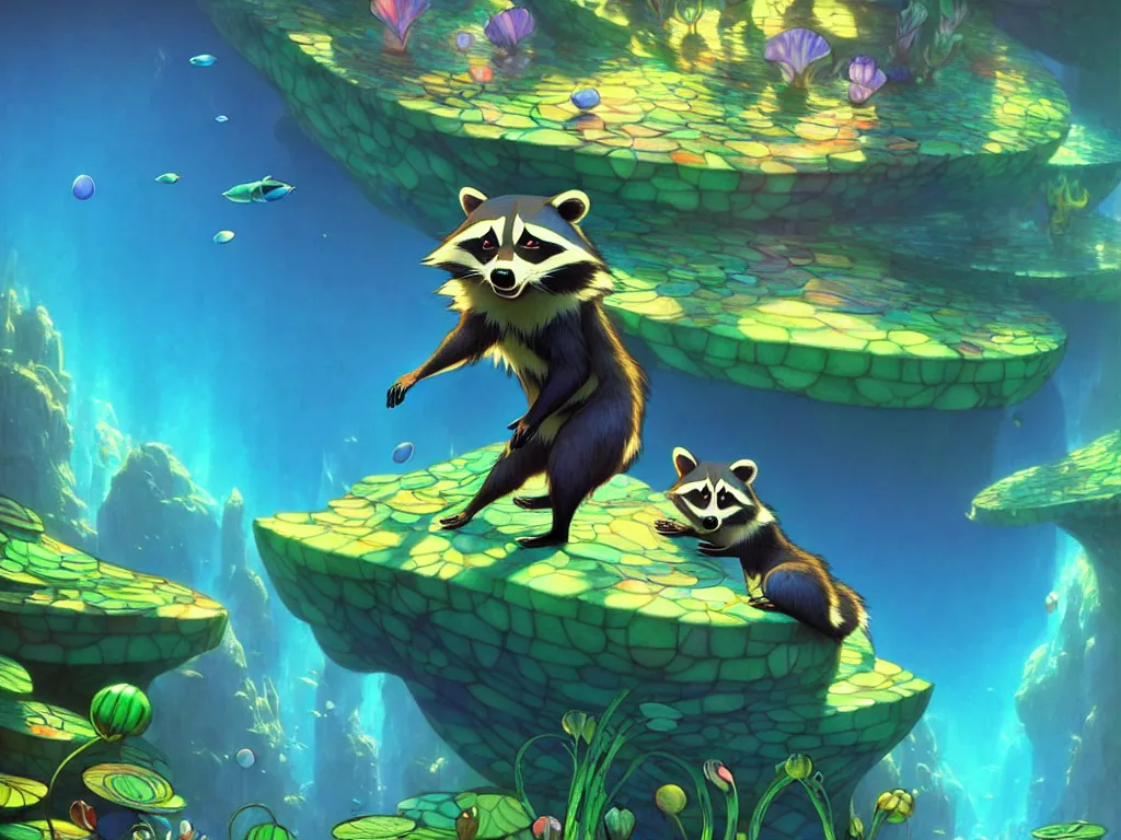 Image similar to the beautiful cartoon animation render a lovely disney raccoon, pop art, underwater world, in the style of makoto shinkai, raphael lacoste louis comfort tiffany, artgerm, karol bak, james jean, ross tran, 8 k hd, fine texture structure, 3 drender