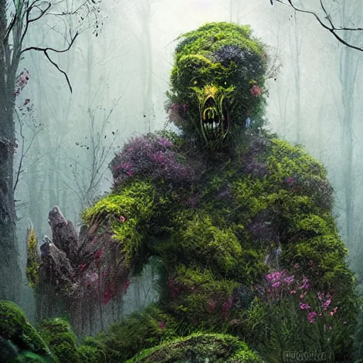Image similar to a beautiful terrifying monster made out of moss and flowers. ethereal horror fantasy art by greg rutkowski