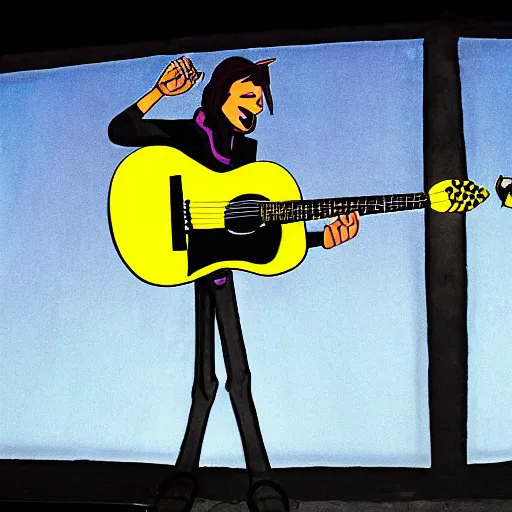 Image similar to bumblebee on stage with a guitar in the style of archies cartoon