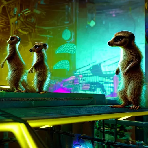 Image similar to neon fluorescent, iridescent cute meerkats with fairy wings cyperpunk 2 0 7 7, unreal engine 5, 8 k ultra realistic, hyperdetailed, volumetric lighting, extremely high quality