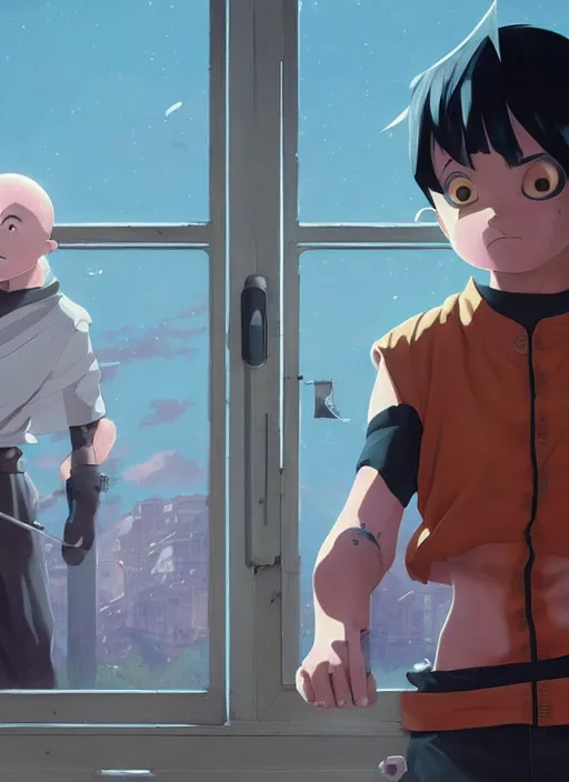 Image similar to highly detailed krillin standing outside building with a window with metal bars and naruto uzumaki with black hair behind them art by greg rutkowski, loish, rhads, ferdinand knab, makoto shinkai and lois van baarle, ilya kuvshinov, rossdraws, tom bagshaw, global illumination, radiant light, detailed and intricate environment