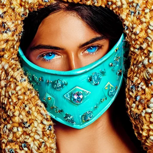 Prompt: A high resolution ultra close up macro portrait of an editorial Versace model with an ornate turquoise color blocks gem crystal helmet mask scarf in sand dunes up by David Lachapelle