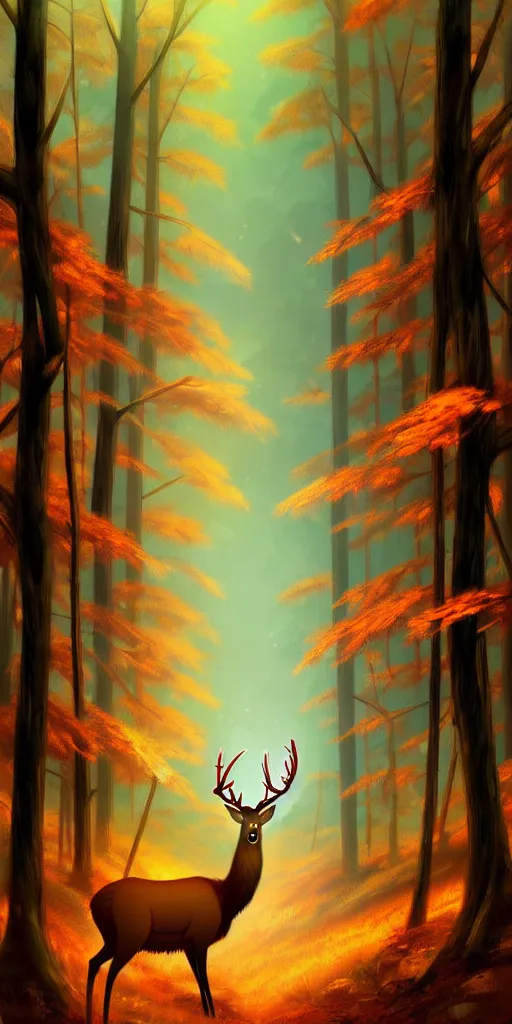Prompt: deer with large antlers alone in the woods. warm colors, by nashimanga, anime illustration, anime key visual, beautiful anime - style digital painting by wlop, amazing wallpaper