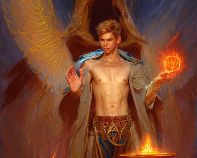 Image similar to attractive male deity, casting demonic magic, summoning handsome lucifer morning star. highly detailed painting by gaston bussiere, craig mullins, j. c. leyendecker 8 k