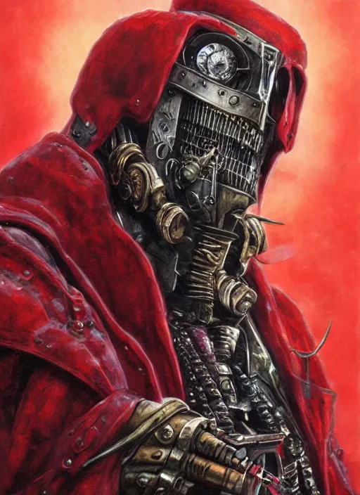 Image similar to portrait of rotten Nicolas Cage as adeptus mechanicus in red hood and robe from Warhammer 40000. Highly detailed, artstation, illustration by and John Blanche and zdislav beksinski and wayne barlowe