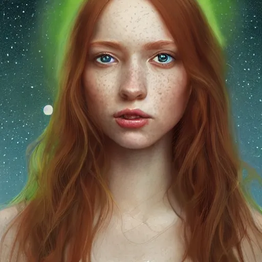 Image similar to a highly detailed, hyper realistic, red haired young woman, among golden fireflies, with long hair, green eyes, hint of freckles, round gentle face, toned abdomen, cheeky smile, deep focus, elegant, digital painting, smooth, sharp focus, golden ratio, illustration, ultra realistic, 8 k, art by artgerm and caravaggio