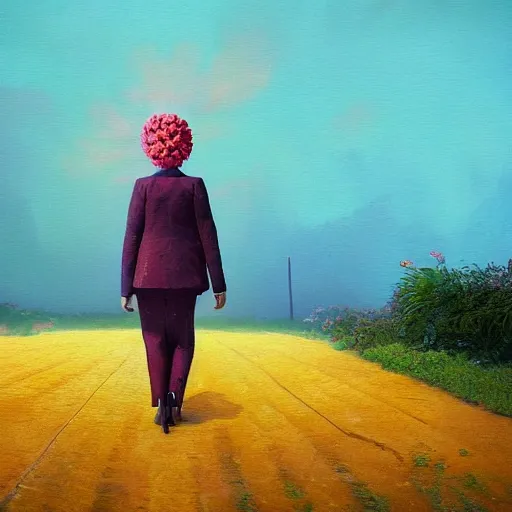 Image similar to giant carnation flower head, girl in a suit, on a path, surreal photography, sunrise, dramatic light, impressionist painting, digital painting, artstation, simon stalenhag