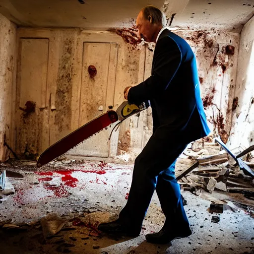 Image similar to putin with a chainsaw and a corpse. in a concrete bunker. focus on putins face with blood splatters. canon eos r 3, f / 1. 4, iso 1 6 0 0, 1 / 8 0 s, 8 k, raw, grainy