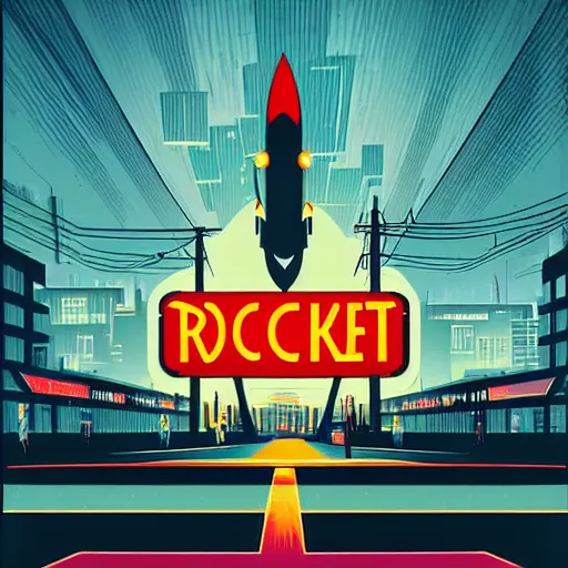 Prompt: rocket standing on a street in the middle of a cyberpunk city, neon signs, 1 9 6 0 s poster, minimalism, clouds, night time, dramatic lighting, flat design, flat colors, in the style of a soviet propaganda poster