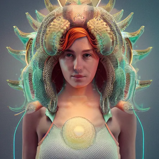 Image similar to Full body photo of the most beautiful goddess, she has a jellyfish head and a siren body by Tooth Wu, trending on Artstation, digital art, symmetrical artwork, cinematic, hyper realism, high detail, octane render, 4k, 8k