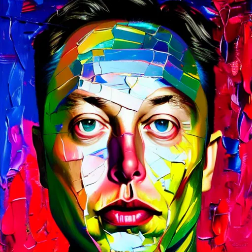 Prompt: !dream Elon Musk as a holographic human robotic head made of glossy iridescent, Face, Palette Knife Painting, Acrylic Paint, Dried Acrylic Paint, Dynamic Palette Knife Oil Paintings, Vibrant Palette Knife Portraits Radiate Raw Emotions, Full Of Expressions, Palette Knife Paintings by Francoise Nielly, Beautiful, Beautiful Face, Portrait, Black Studio Background Color, Black Color Background Studio Lighting, Dark Studio Light, Studio, Beautiful STUDIO face, surrealistic 3d illustration of a human face non-binary, non binary model, 3d model human, cryengine, made of holographic texture, holographic material, holographic rainbow, concept of cyborg and artificial intelligence, Black Background, Black Color Background,