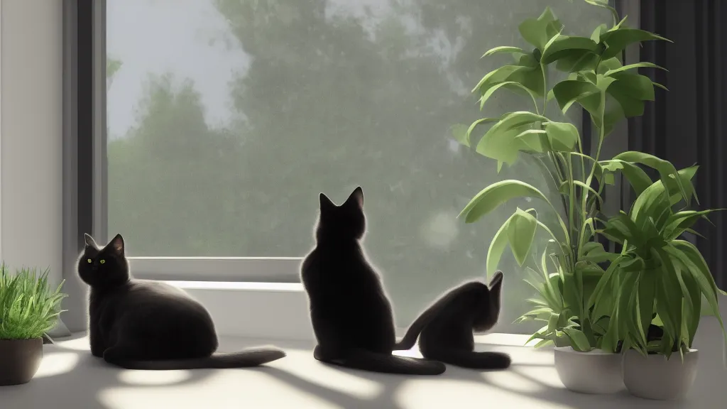 Prompt: peaceful dreamy painting of a content black cat sitting by a window and looking outside, sunshine coming through the window, small plants on the window sill, 8k, hyper realism, trending on artstation, octane render, unreal 5
