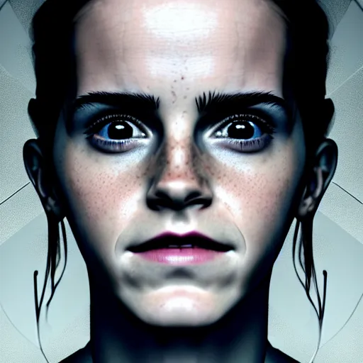 Image similar to Portrait of Emma Watson as an android from Detroit become human, sad, mystery, fear, human android, highly detailed, ominous vibe, smoke, octane render, cgsociety, artstation, trending on ArtStation, by Pascal Duriaux