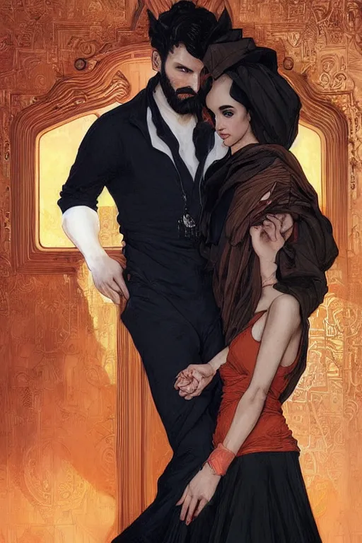 Image similar to bearded young man wearing orange t - shirt and tinfoil hat fastens zipper on beautiful black dress of his spouse before going to exquisite gala art by artgerm and greg rutkowski and charlie bowater and magali villeneuve and alphonse mucha