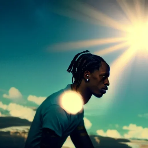 Image similar to Travis Scott sitting on a cloud over Earth, 4k, Aubrey Powell, vintage photo, lens flare, beautiful cinematography, surreal, film grain