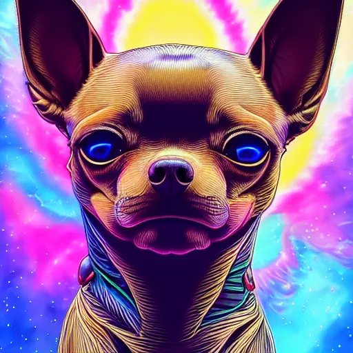 Image similar to a chihuahua with a third eye living in an extradimensional reality, in the style of wlop and alex grey, illustration, epic, fantasy, hyper detailed, smooth, unreal engine, sharp focus, ray tracing, physically based rendering