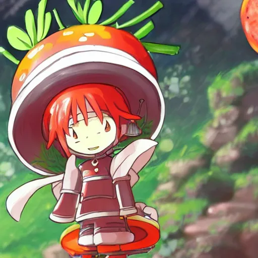 Image similar to cute robot with big tomato hat and a carrot sword, made in abyss style