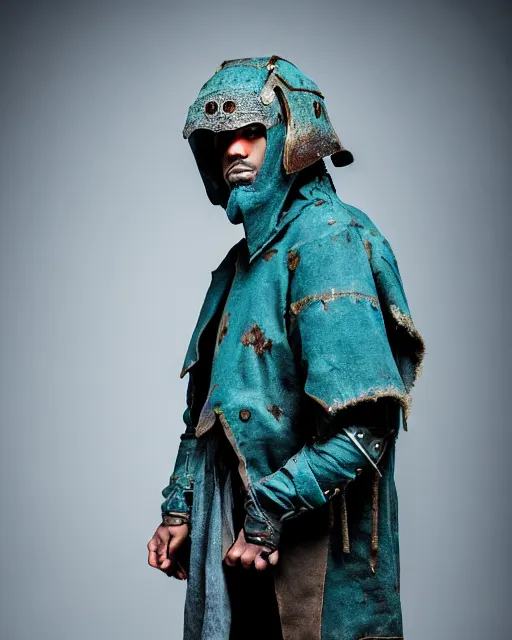 Prompt: an award - winning photo of a ancient male model wearing a plain baggy teal distressed medieval designer menswear cloth jacket slightly inspired by medieval armour designed by kanye west, 4 k, studio lighting, wide angle lens