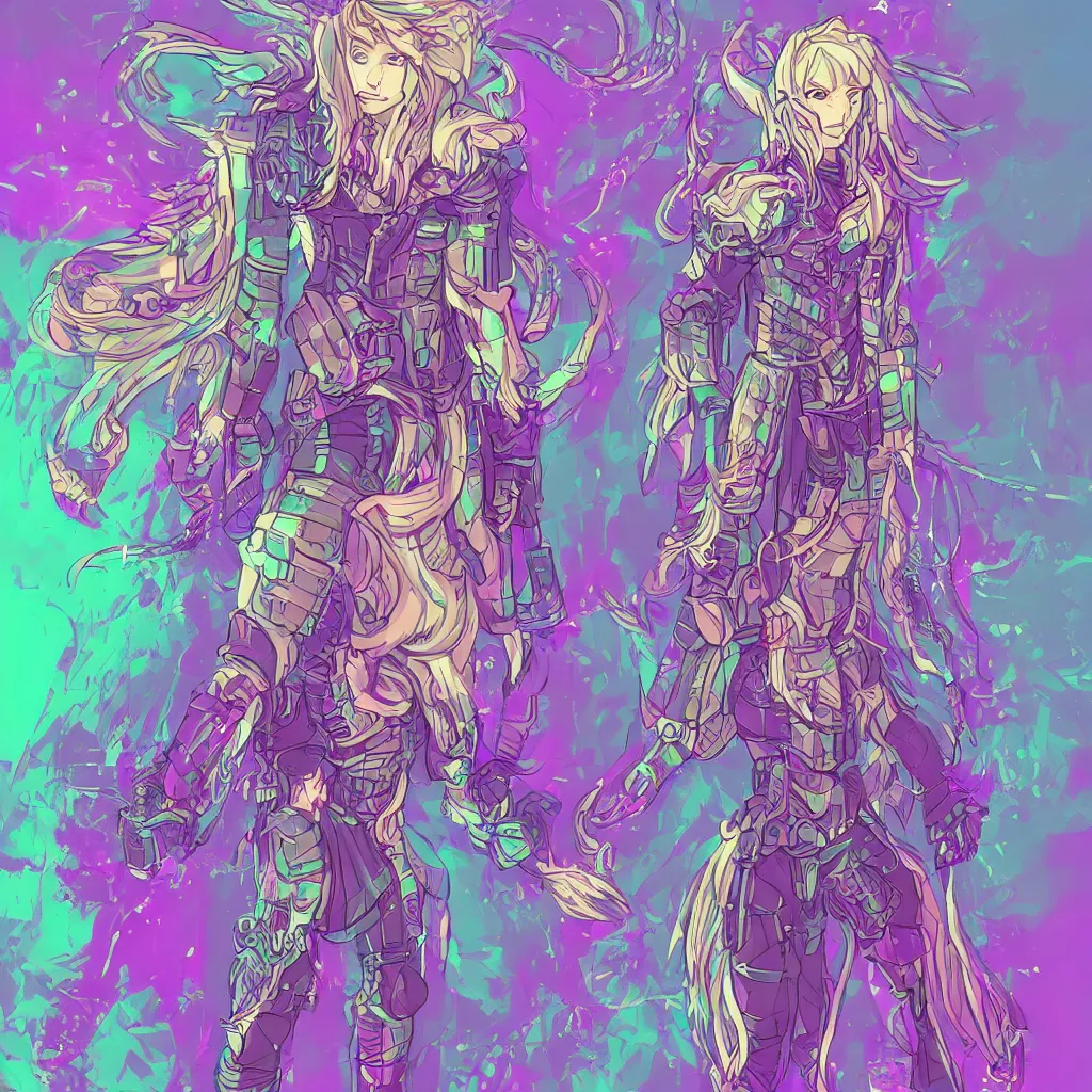 Prompt: highly detailed concept art mage with long hair wearing glitch - art pixellated armor, cel shaded graphics, pastel color pallete, character sheet