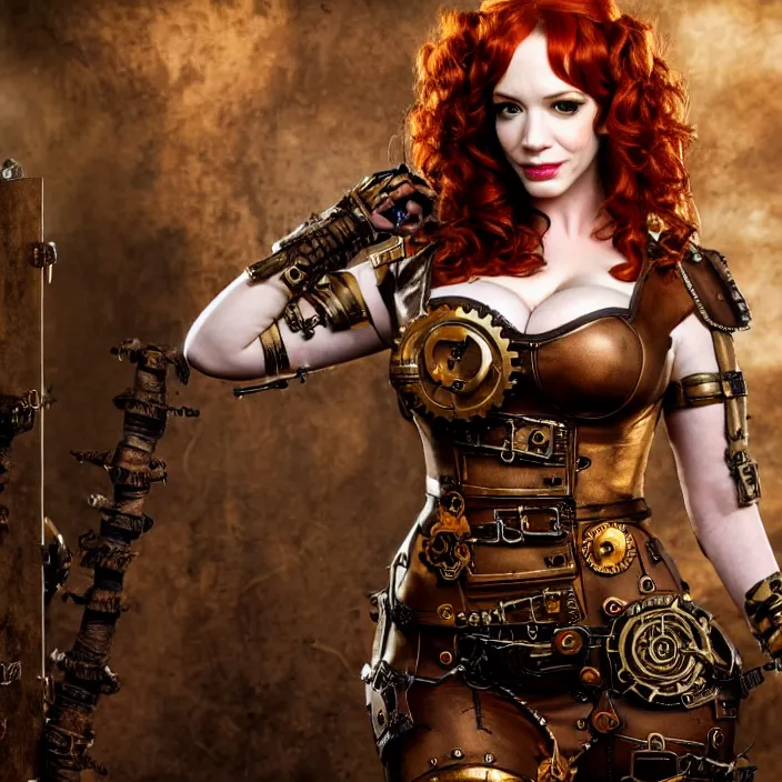 Image similar to full length photo of christina hendricks as a steampunk amazon warrior, highly detailed, 4 k, hdr, smooth, sharp focus, high resolution, award - winning photo