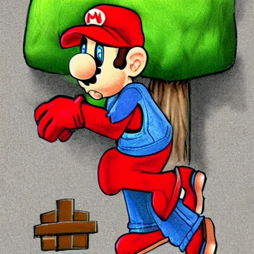 Image similar to An elderly Mario wearing his red cap kneels in a graveyard. In front of him, there is a tombstone with a drawing of Yoshi\'s head chiseled into it. The trees in the graveyard are bare. The art evokes a sensation of loss and nostalgia. Digital art