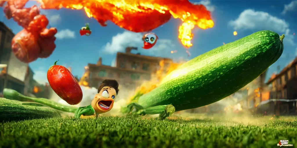 Image similar to detailed 3 d render of a raging zucchini!! character chasing!! down a desperate tomato!, high speed action, explosions, dramatic scene, hyper realistic octane render, cinematic lighting, deviantart, pop - surrealism, lowbrow, frame from disney pixar movie