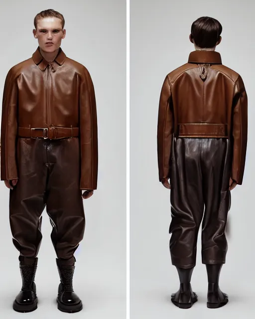 Prompt: an award - winning photo of a brown cropped extremely baggy medieval designer menswear leather jacket with an oversized collar and bootcut trousers designed by alexander mcqueen, 4 k, studio lighting, wide angle lens