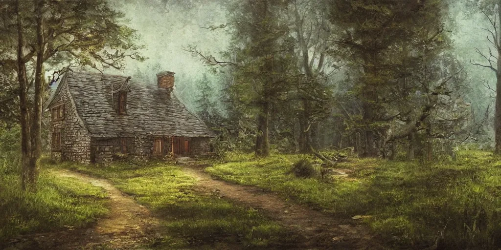 Image similar to a painting of a cottage in the woods and empty woods, 8k, fantasy, hyper realistic, atmospheric, cinematic