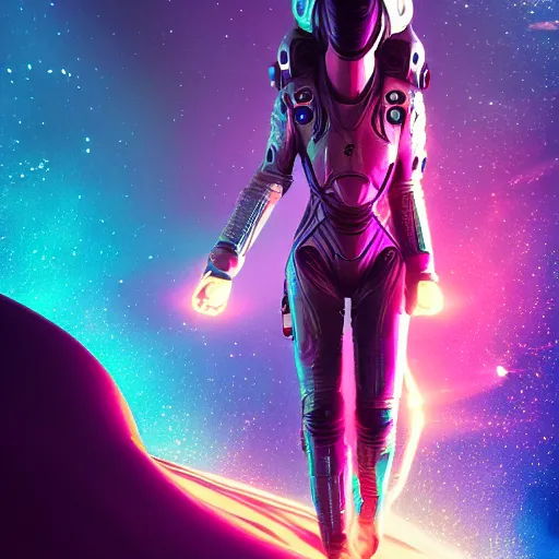 Prompt: a far away beautiful feminine woman in a futuristic spacesuit flying through space with galaxies in the back, epic lighting, digital art, vector art, artwork by beeple and lisa frank, fantasy, intricate, highly detailed, artstation, octane render