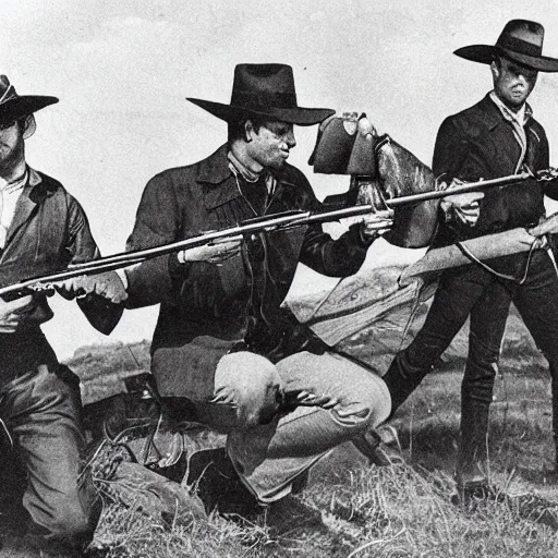 Prompt: a photograph of Lucky Luke shooting the Delton brothers