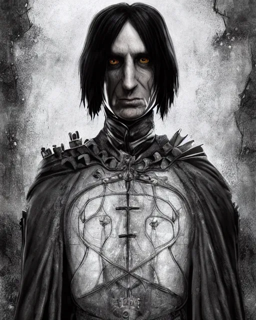 Prompt: An epic fantasy comic book style portrait painting of a very imposing Industrial goth Trent Reznor as Severus Snape at Hogwarts, character design by Mark Ryden and Pixar and Hayao Miyazaki, unreal 5, DAZ, hyperrealistic, octane render, cosplay, RPG portrait, dynamic lighting, intricate detail, cinematic