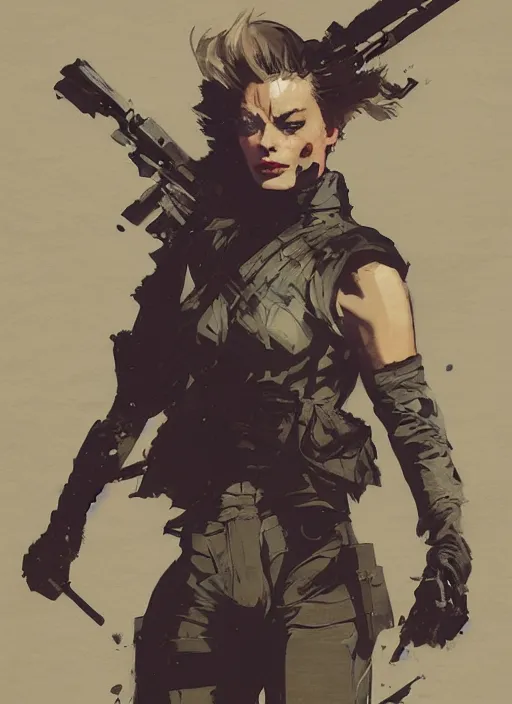 Prompt: Margot Robbie wearing metal gear armor holding gun dramatic lighting art by Richard Schmid by Hokusai by Yoji Shinkawa by greg rutkowski by Sandra Chevrier by Jeremy Lipking cinematic dramatic