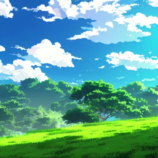 Image similar to green hills with a blue sky with clouds, scene from an anime movie, 4k,
