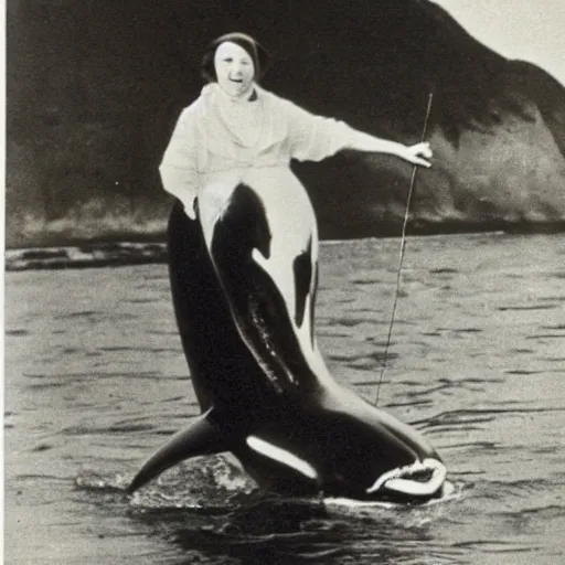 Prompt: Ellen G White riding a killer whale. Archival photo 1920. 4K