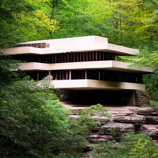 Image similar to fallingwater house in disrepair, abandoned, frank loyd wright style, photograph, detailed, 4 k