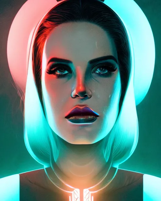 Image similar to portrait of lana del rey as a cyborg. intricate abstract. intricate artwork cyberpunk by tooth wu, wlop, beeple, dan mumford. octane render, trending on artstation, greg rutkowski very coherent symmetrical artwork. cinematic, hyper realism, high detail, octane render, 8 k, key art blue and pink iridescent accents