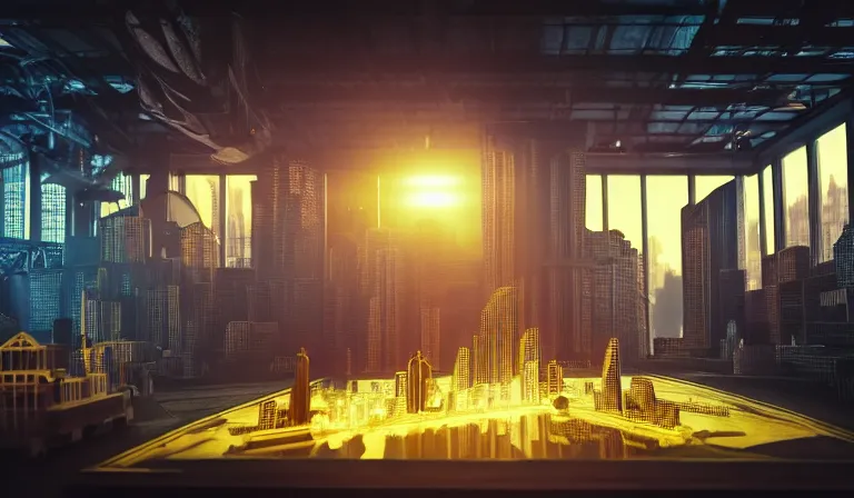 Prompt: crowd in simple warehouse, looking at hologram of futuristic city on a table, cinematic concept art, godrays, golden hour, natural sunlight, 4 k, clear details, tabletop model buildings, center model buildings, hologram center, crane shot, crane shot, crane shot